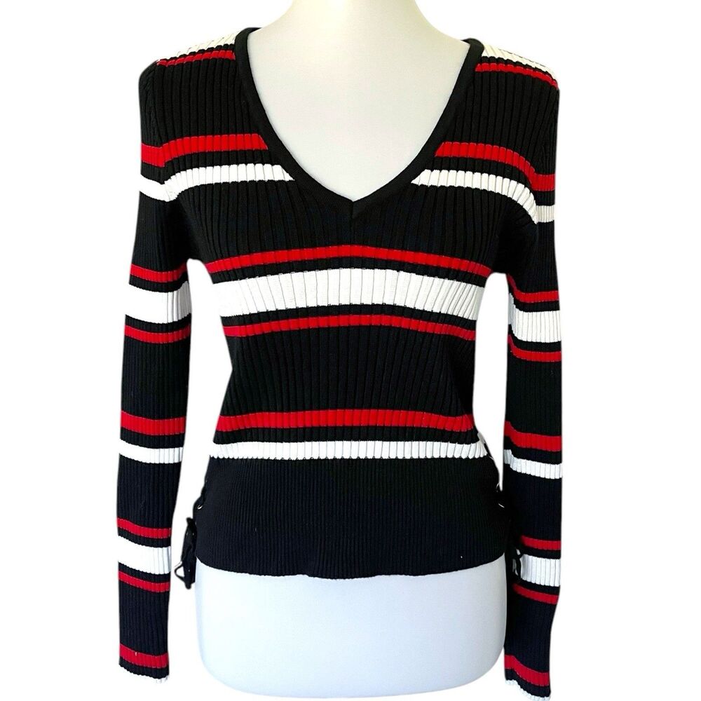 No Boundaries Juniors Stripe V-Neck Ribbed Sweater Lace Up Side XXL Lace Up 2XL